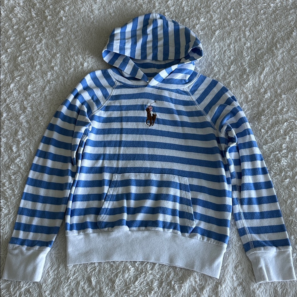 Polo Ralph Lauren girls size 8-10 striped hooded sweatshirt with large Polo logo